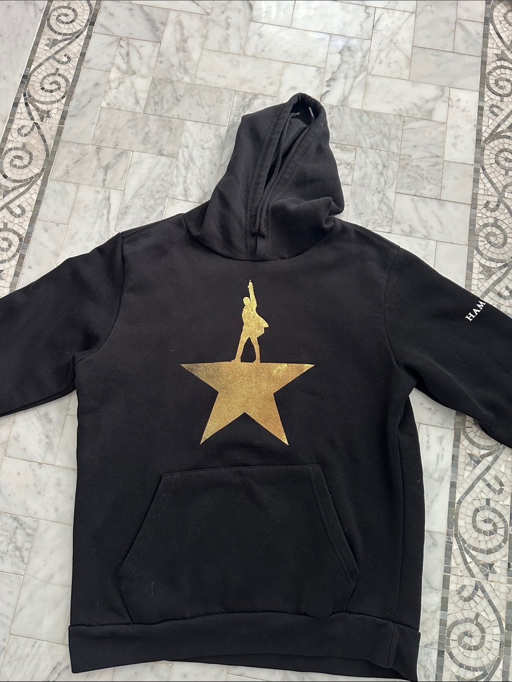 Black Hamilton Hoodie with Gold Star Graphic purchased at Broadway show